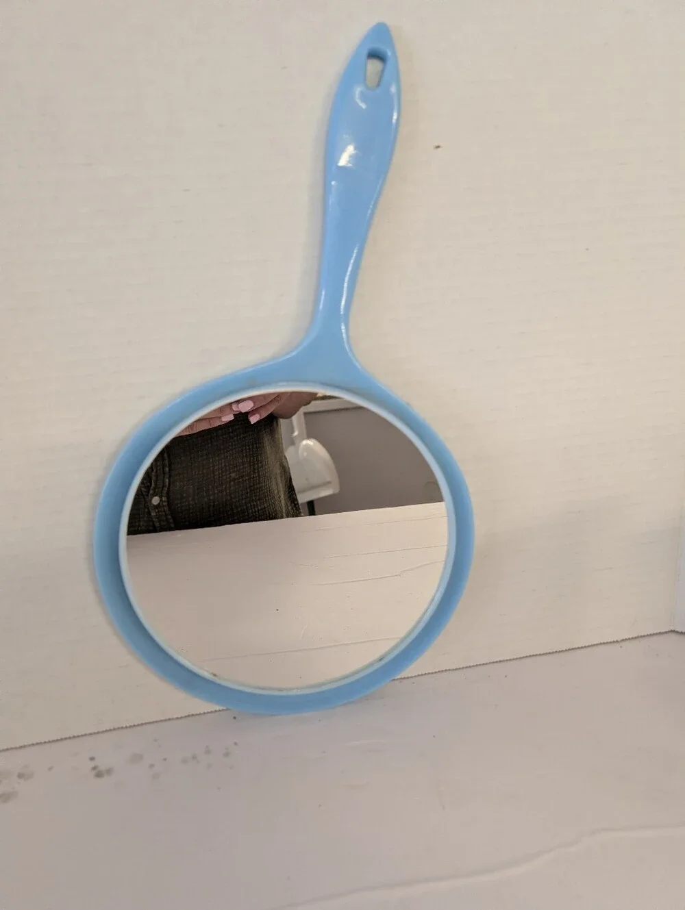 Vintage Hand Mirror Blue Floral Round Dresser Vanity  Plastic Handle 1950